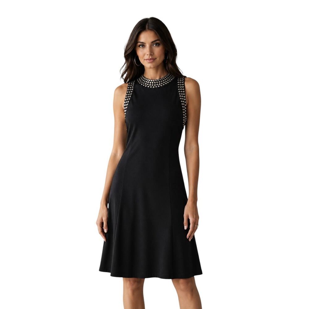Carmen Marc Valvo Black Studded Rock Glam Cocktail Dress Sleeveless A-Line Sz L